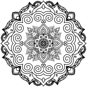 May include: Black and white mandala design with intricate details and a floral pattern in the center.
