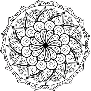 May include: Black and white mandala design with intricate details and swirling patterns. The mandala is circular and has a floral motif.