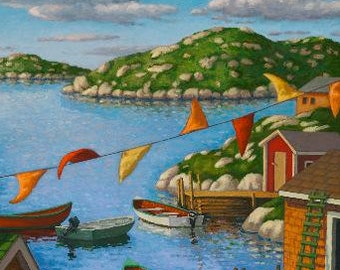 Coastline With Flags- Original Oil Painting 36" x 24" by Paul Hannon- Canadian Tax included- FREE SHIPPING Canada