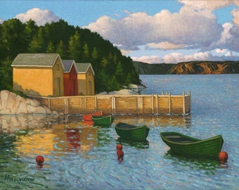 Boats in a Cove- Original Oil Painting 18" x 24" -FREE SHIPPING CANADA