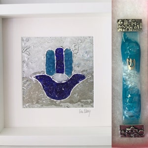 Bespoke Hamsa and Mezuzah with Chuppah Glass, chuppah glass art, Wedding shards, Judaica gift, Smash the glass, Hamsa