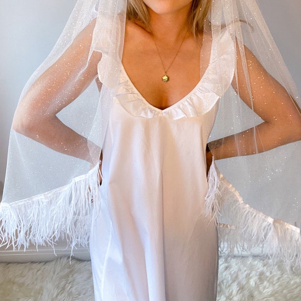 Ivory Sparkle Veil With Feather Trim