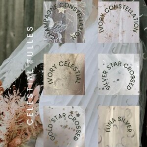 May include: A selection of celestial tulle veils with various designs. The veils feature embroidered stars, moons, and other celestial motifs. The text on the image includes "Champagne Constellation", "Ivory Celestial", "Silver Star Crossed", and "Luna Silver".