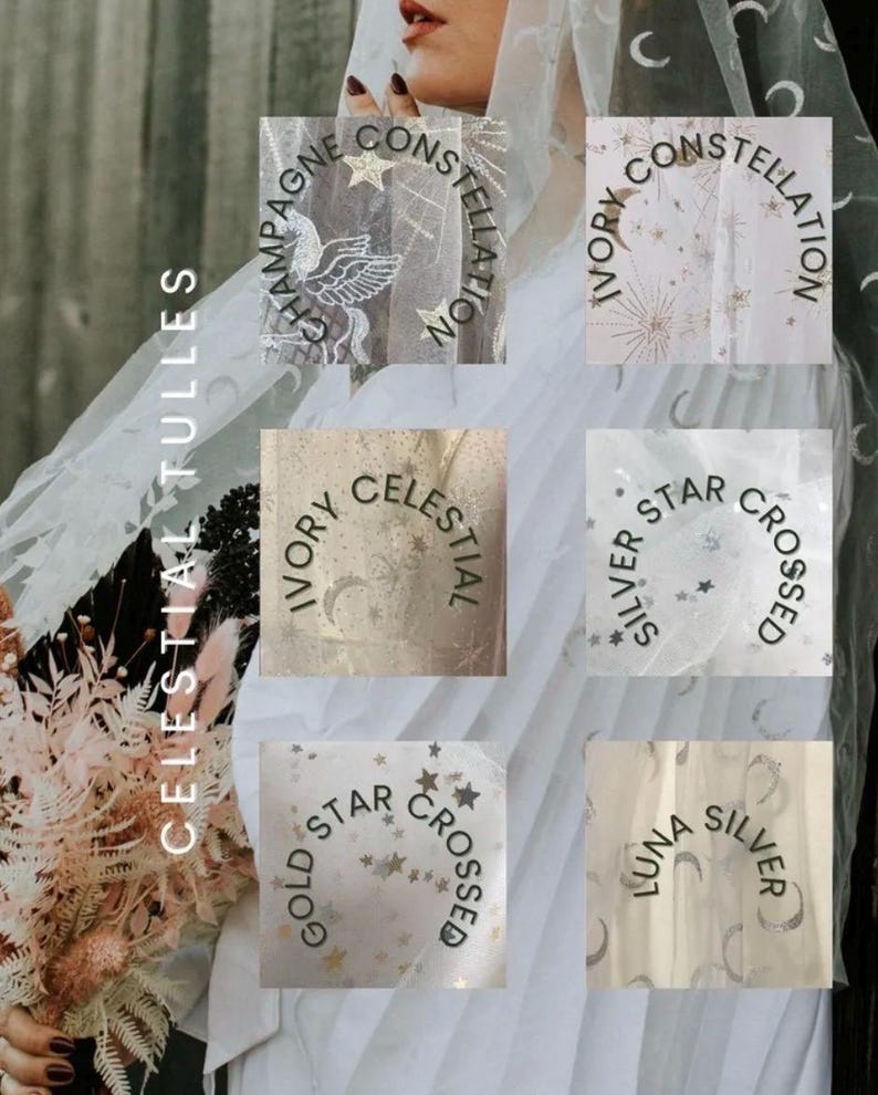 May include: A selection of celestial tulle veils with various designs. The veils feature embroidered stars, moons, and other celestial motifs. The text on the image includes "Champagne Constellation", "Ivory Celestial", "Silver Star Crossed", and "Luna Silver".