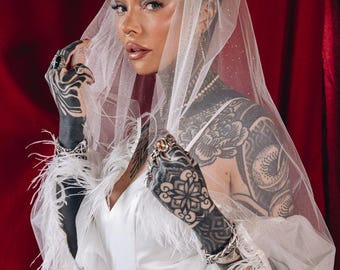 Ivory Sparkle Veil With Feather Trim