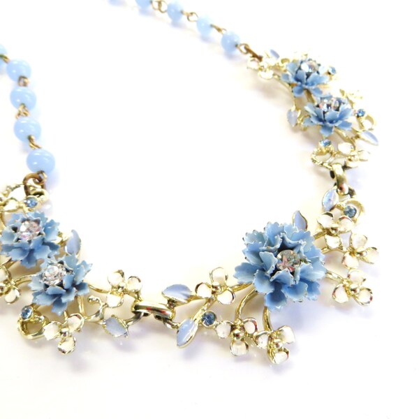 Vintage Enameled Blue White Flower Necklace, Blue Rhinestone Necklace, Floral Glass Bead Choker, Silver Tone Metal