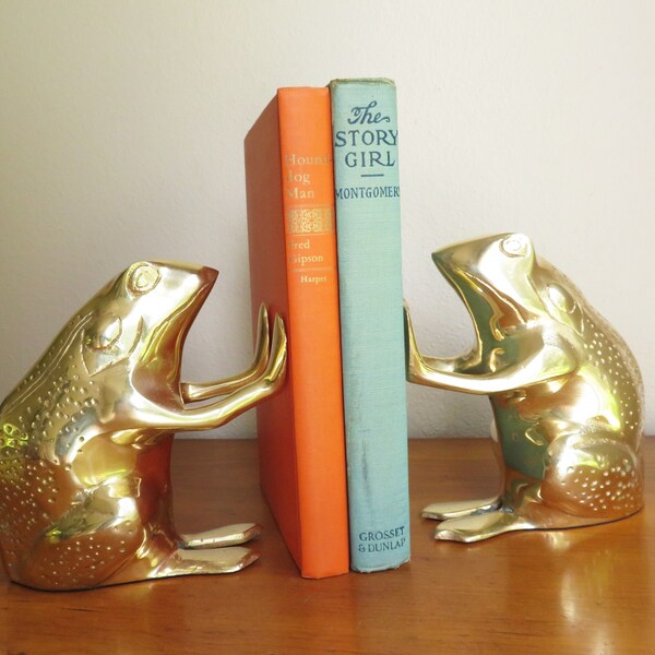 Frog Bookends, Vintage Brass Gold Figurine, Book End, Heavy, Child, Mid Century, Toad, Baby Nursery Decor, Woodland, Marshlands
