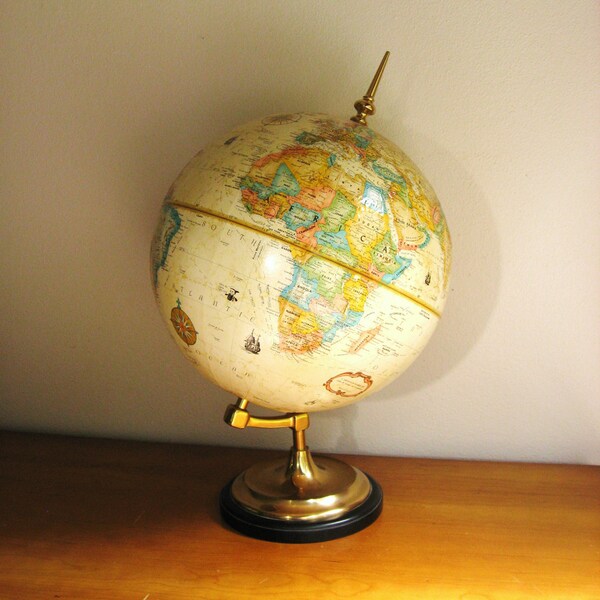 Vintage Replogle World Classic Series 12 inch World Globe, Brass or Gold Toned Stand, Antique Color