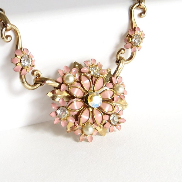 Vintage Pink Enamel Rhinestone Flower Choker, Floral Flower Necklace, Gold Tone Metal, Pink Flowers