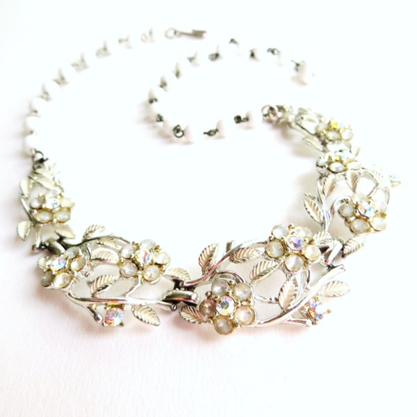 Vintage Coro Enamel Flower Necklace, White, Aurora Borealis Rhinestone Necklace, Floral Necklace, Silver Tone Metal