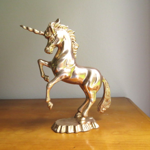 Vintage Brass Unicorn Figurine, Mid Century, Gold Unicorn Statue, Solid Brass, Horse