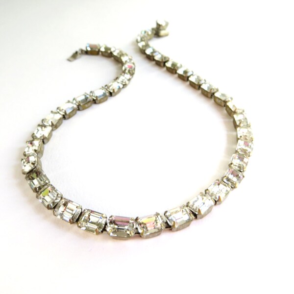 Vintage Rhinestone Choker, Square Clear Rhinestone Necklace, Brass Tone Metal, Large Rectangle Rhinestones