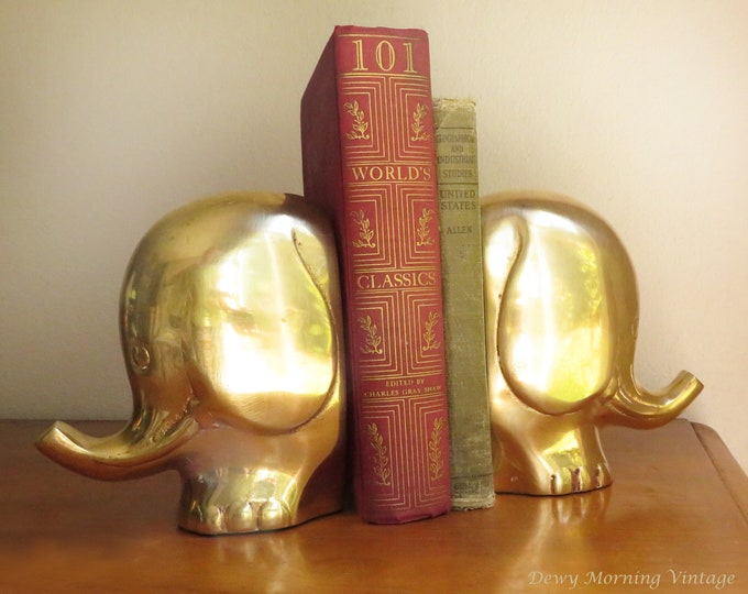 Vintage Brass Elephant Bookends, Brass Bookends, Elephant Book Ends