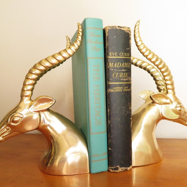 Antelope Book Ends, Vintage Brass Gold Animal Bookends, African Safari Figurine, Impala, Gazelle, Ram, Deer, Mid Century,  Heavy