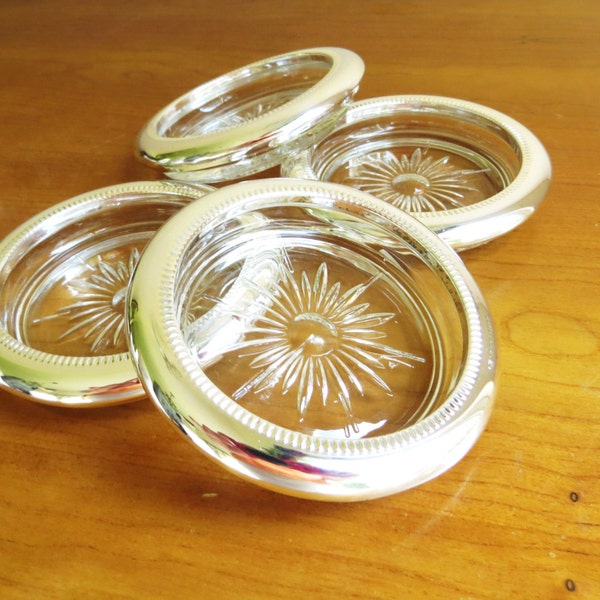 Vintage Coasters, Crystal Silverplated, Made by Sheratonn, Starburst Design, Made in Italy, Set of Four, 1960's