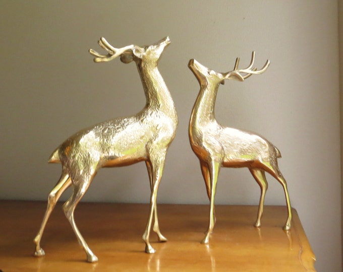 Vintage Large Brass Deer Figurines, Buck Pair, Deer Family, Woodland