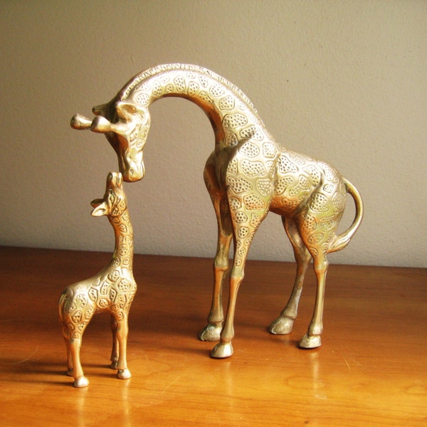 Vintage Solid Brass Giraffe and Baby Giraffe Figurines, Mother and Baby Giraffe, Brass African Animals, Pair