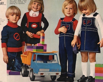 PDF 1970s Vintage Patterns Roadside Motifs plus 14 Kids Outfits Sizes 1 - 3 to Knit and Crochet - Overalls Onesies Coveralls