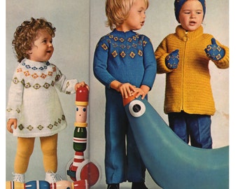 PDF 1970s Vintage Patterns Roadside Motifs plus 14 Kids Outfits Sizes 1 - 3 to Knit and Crochet - Overalls Onesies Coveralls
