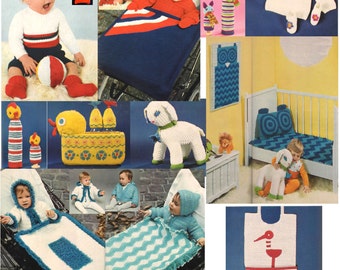 PDF 1970s Collection of Patterns Childrens Toys, Nursery Decor and Outfits to Knit and Crochet more than 23 patterns