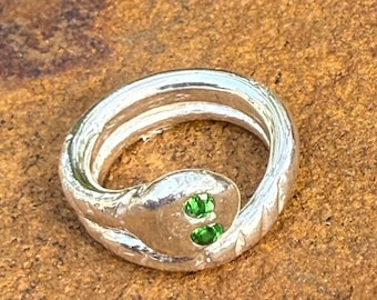 Pure Silver "Snake" Wrap Around Ring with Tsavorite Garnet Eyes, US Size 5.5