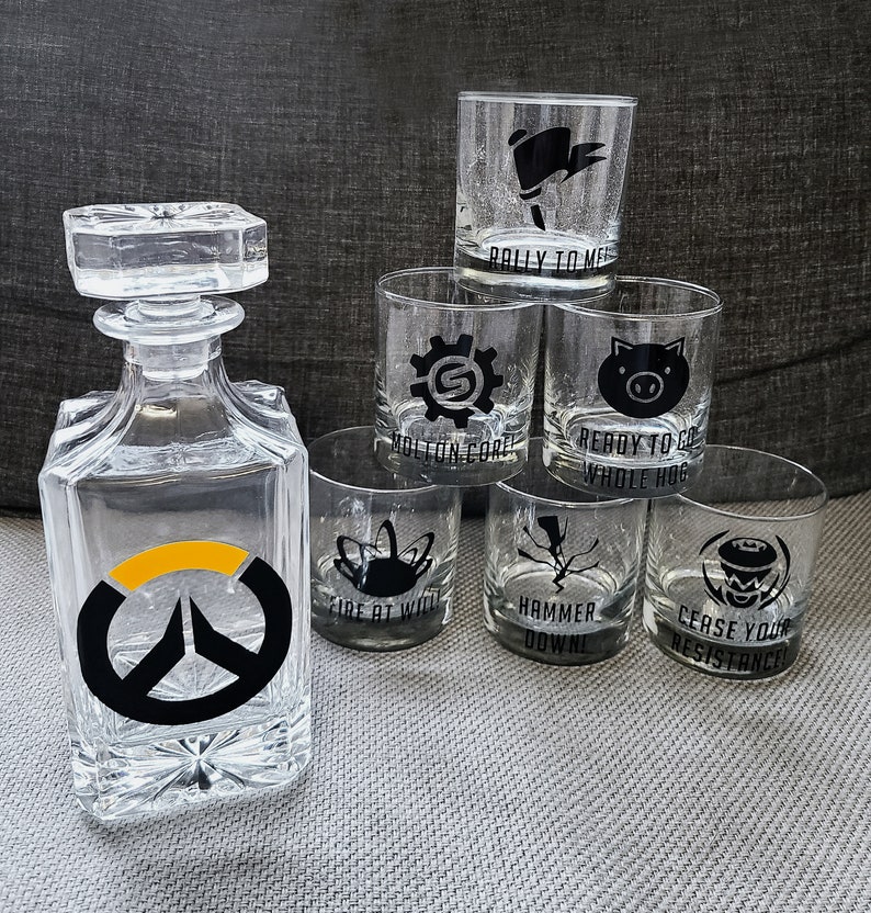 Overwatch Inspired Whiskey Drink Glasses Set  Great gift image 1