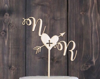 Initial Cake Topper, Personalized Wedding Cake Topper, Love Cake Topper, Heart Arrow Cake Topper, Initial Arrow Heart Cake Topper, Custom