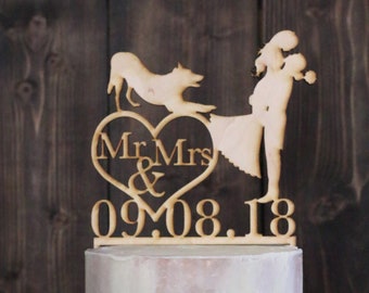 Dog Lover Cake Topper, Bride Groom Dog Cake Topper, Dog Cake Topper Wedding,  Wedding Date Cake Topper, Mr and Mrs Cake Topper, Rustic
