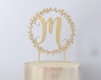 Initial Cake Topper, Personalized Wedding Cake Topper, Wreath Cake Topper, Wedding Cake Topper, Gold Wreath Cake Topper, Initial Wreath