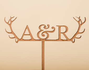 Antler Cake Topper, Initial Cake Topper, Personalized Wedding Cake Topper, Deer cake topper, Wood Cake Topper, Rustic Cake topper, caketop