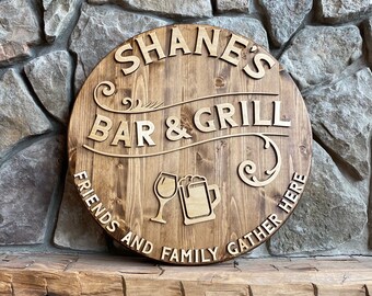 Bar and Grill, Personalized Bar Sign, Basement Bar Sign, Family & Friends Gather Here, Wood Bar Sign, Bar Sign,Custom Bar Sign,Bar Decor