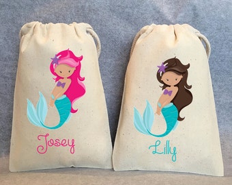 Mermaid Party Favor Bags: Personalized Cotton Birthday Supplies (Set of 10)