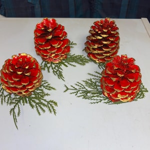 Decorative Red and Gold Painted Pinecones