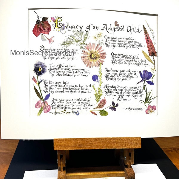 Legacy of an Adopted Child--Calligraphy print with real pressed flowers-ready to ship--makes a beautiful gift