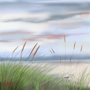 Digital painting 'Dunes with birds', natural landscape, printable painting, printable sheet, wall decor, minimalist artwork