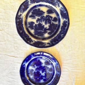 Two Antique 1845 Podmore & Walker Manilla Flow Blue Ironstone Porcelain Plates - Collectible