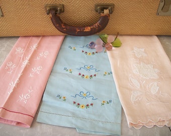 Vintage Hand Embroidered Applique Linens Three 3 Flowers Pink Light Blue Pale Pink Dresser Table Top Display