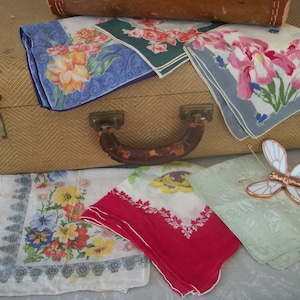 Vintage Bundle of 6 Handkerchiefs Cotton Printed Flowers Red Pink Yellow Blue Green Six