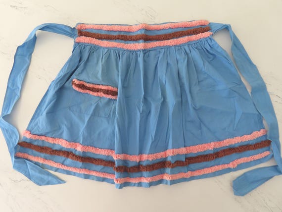 Vintage Blue Half Apron Applied Fringe