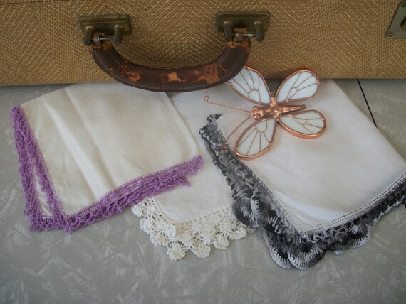 Vintage Handkerchiefs Three Crocheted Edges Hand … - image 1