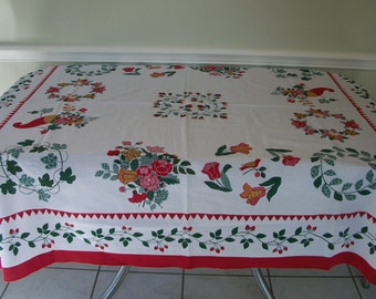 Vintage 1950s Cotton Tablecloth 53 x 53 Square White Red Green