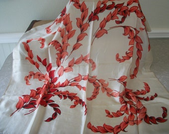 Two Large Vintage Silk Scarves Red Leaves Flowers Clothing Fashion Accessories