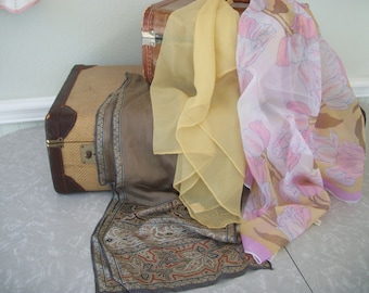 Vintage Silk Scarves made in Japan Two Silk One Poly Pink Yellow 1970s Fashions Glentex Your Choice