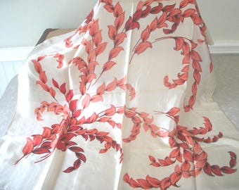 Two Large Vintage Silk Scarves Red Leaves Flowers Clothing Fashion Accessories