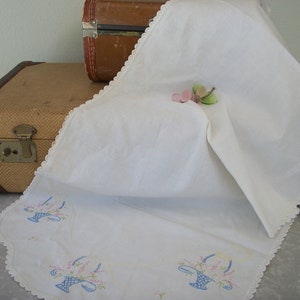 Vintage Hand Embroidered Table Runner Blue Flower Baskets on White Cotton Linen