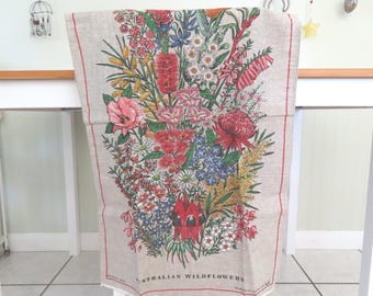 Vintage Linen Tea Towel: Australian Wildflower Design, Unused