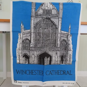 Vintage Cotton Irish Linen Tea Towel of Winchester Catherdral by Tarus Richlin Blue Black White Collectible Souvenir Great Graphics