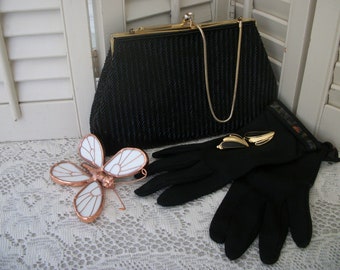 Vintage Curated Bundle Box 3 Piece Set Beaded Clutch Purse Black Gloves Black and Gold Earrings Fashion Accessories Ensemble