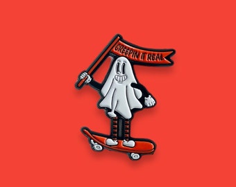 Creepin it Real Skater Ghost Enamel Pin // Funny Enamel Pins // Unique Enamel Pins // Halloween Enamel Pins // Goth Pins // Skate Culture