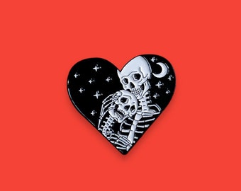 Eternal Love Heart Skeleton Night Sky Enamel Pin // Funny Enamel Pins // Unique Enamel Pins // Halloween Enamel Pins // Spooky Goth Pins